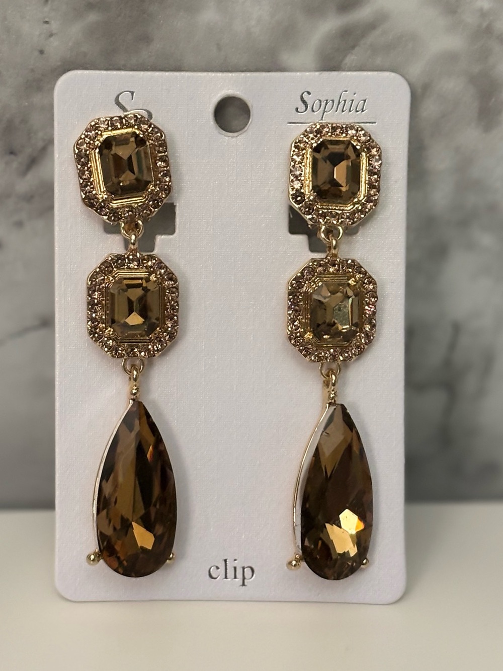 Gold-Tone Smoky Brown Crystal Drop Clip On Earrings